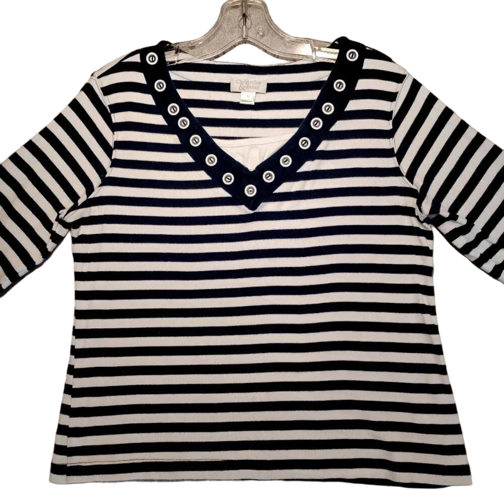Christopher & Banks Women's Blue & White Striped V-Neck Long Sleeve Blouse Large